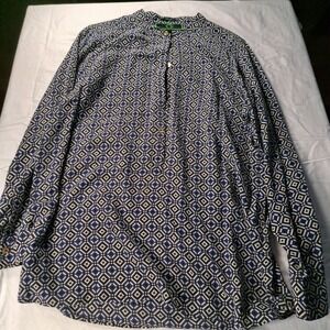 C Wonder Shirt Womens XL Navy &‎ Green Print 100% Silk 3/4 Button Up Blouse